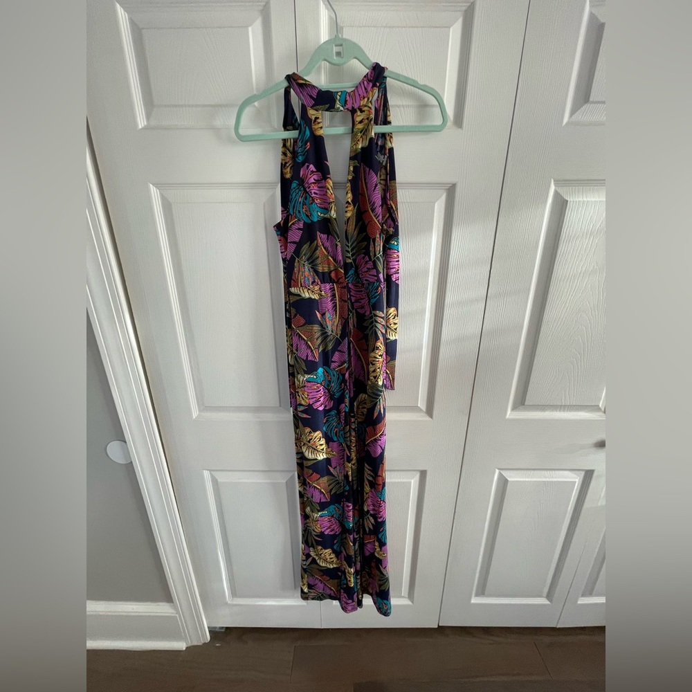 Long jumpsuit with deep v neck and long slits down legs